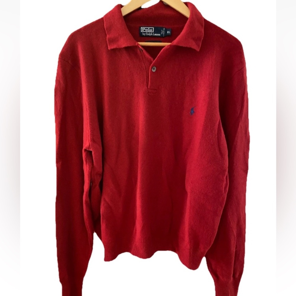 Vintage Polo Ralph Lauren lambswool Red Long Sleeve Collared Sweater XL
